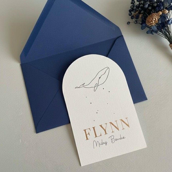 Boog geboortekaartje jongen met walvis en goudfolie