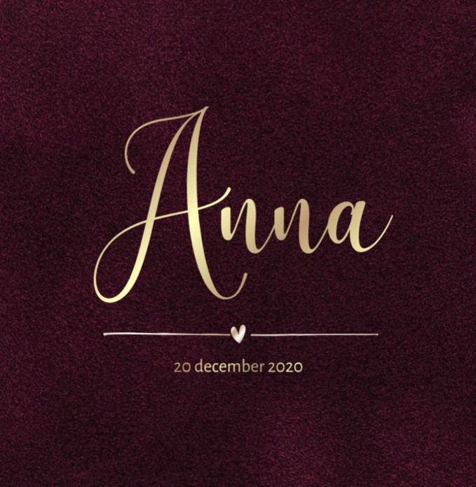 Écht velvet geboortekaartje bordeaux met hartje en lijntje