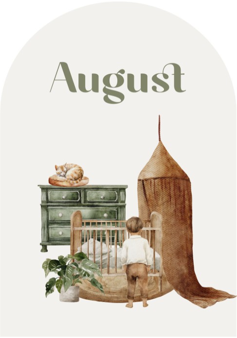 Geboortekaartje August – met nostalgische illustratie en moderne boogvorm