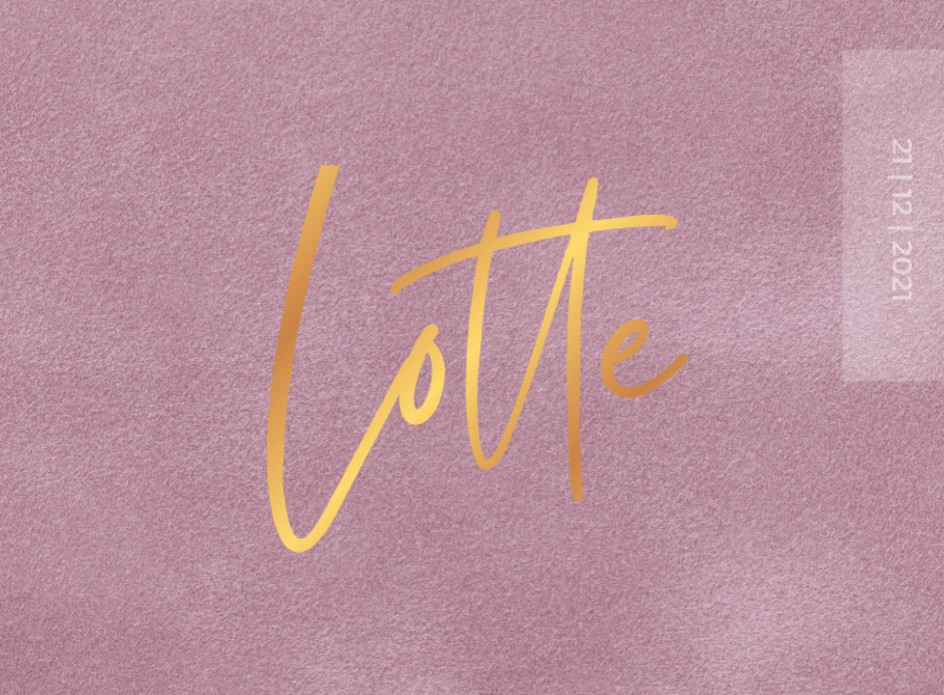 Exclusief geboortekaartje meisje op oudroze velvet stof met caramel goudfolie en blinddruk