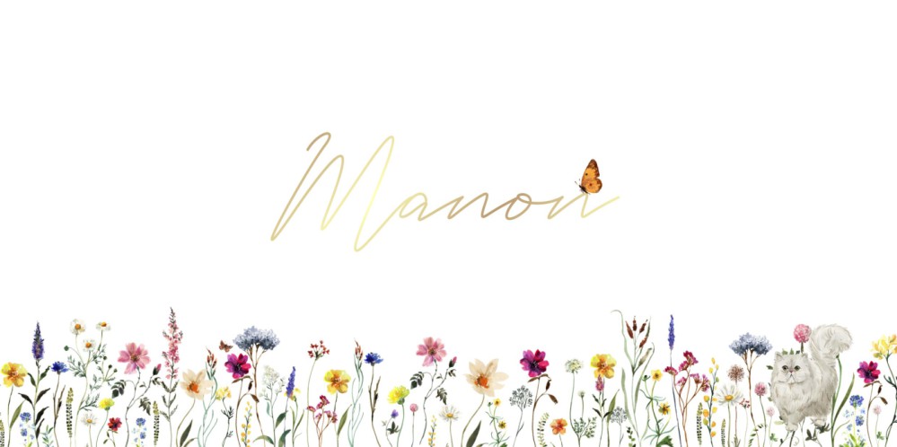 Geboortekaartje dochter met bloemen, poesje, bijtje, vlinder