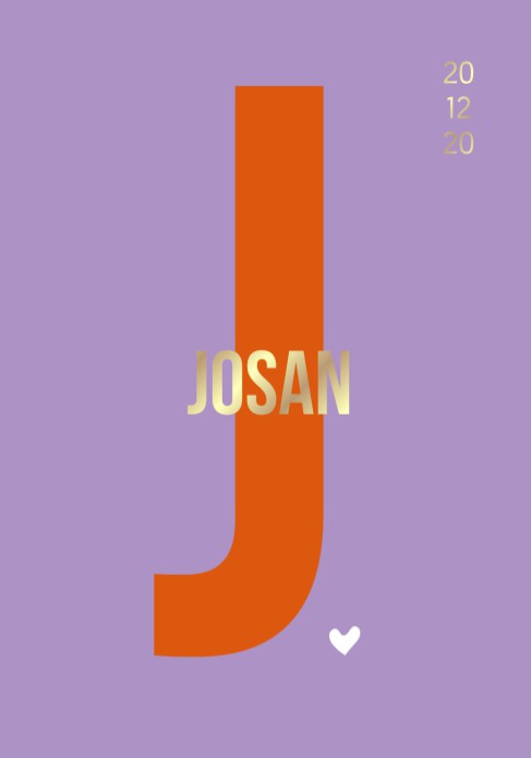 Geboortekaartje met grote letter en foliedruk naam in lavendel en oranje