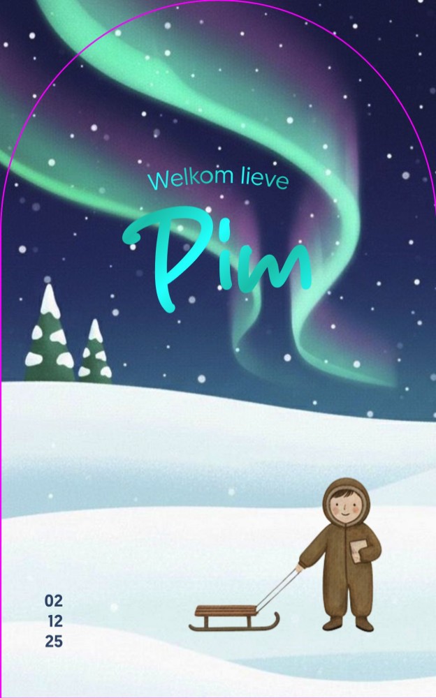 Geboortekaartje met noorderlicht en winterlandschap