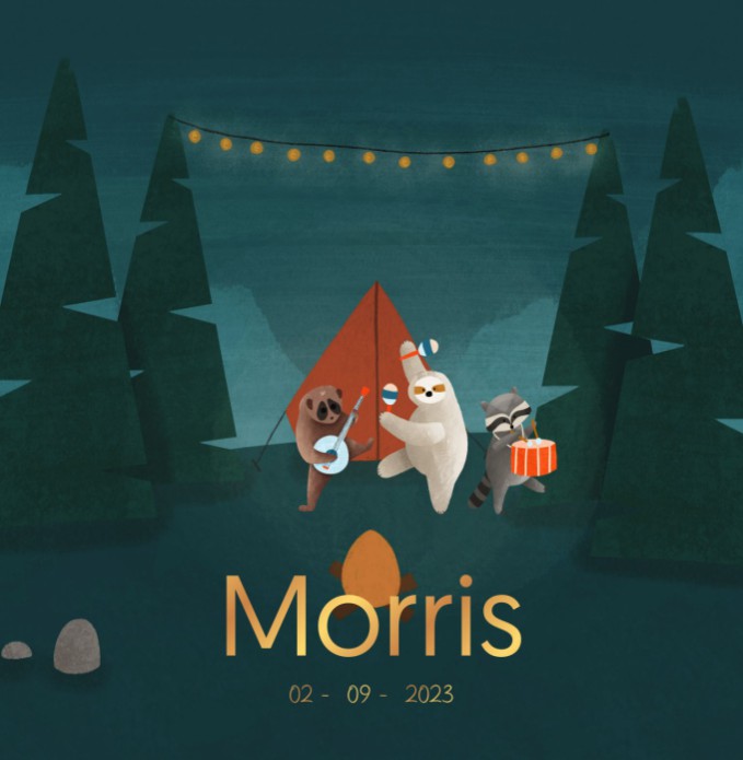 Geïllustreerd geboortekaartje van camping en feestende beestjes