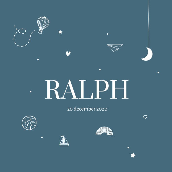 Gevouwen speels geboortekaartje in jeans blauw met icoontjes