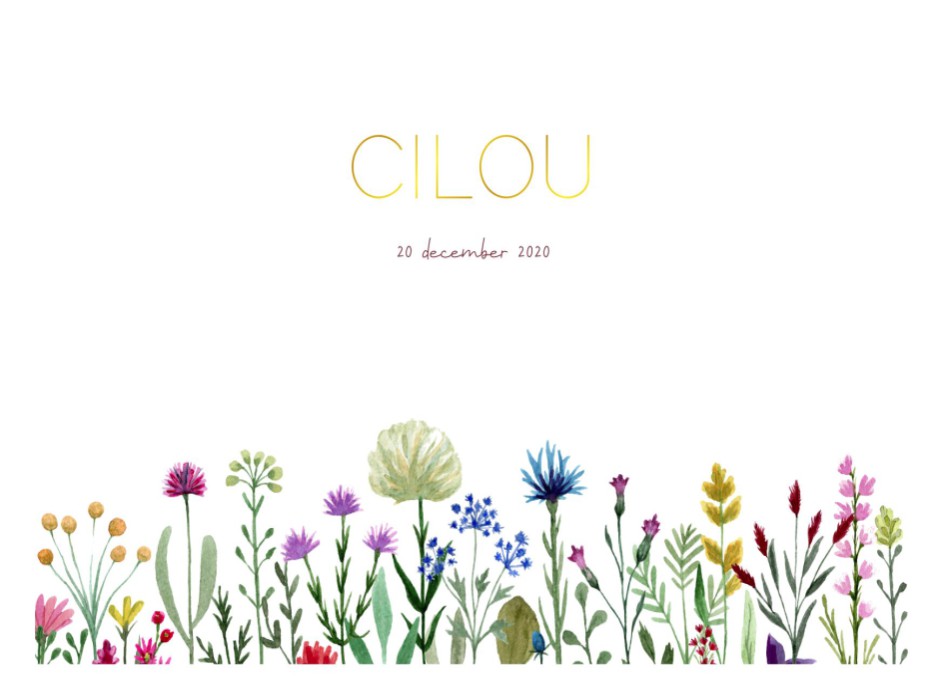 Hip geboortekaartje met veldbloemen en goudfolie