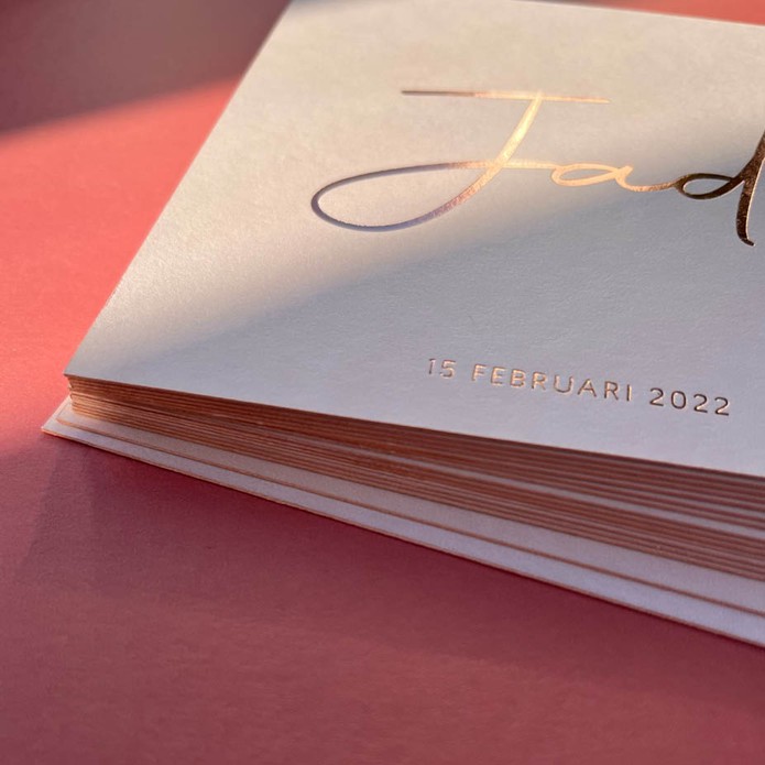 Lief geboortekaartje in poederroze roségoud met vogeltje