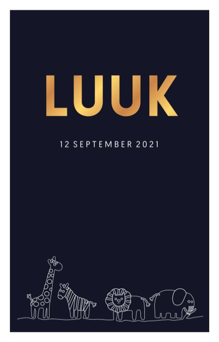 Jongens geboortekaartje donkerblauw dieren op een rij