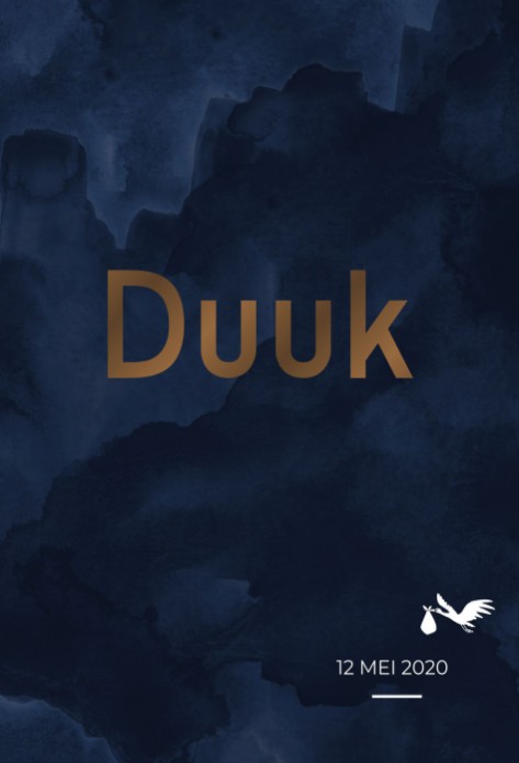 Jongens geboortekaartje met blauw waterverf en caramel goudfolie