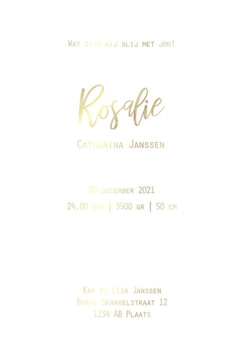 Klassiek unisex geboortekaartje wit met goudfolie