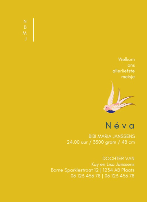 Kleurrijk geboortekaartje meisje met vogel