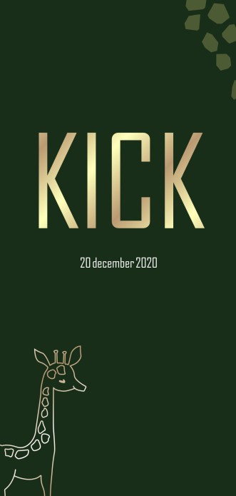 Langwerpig enkel geboortekaartje met gouden giraffe in foliedruk