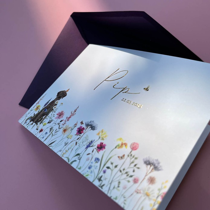 Speels geboortekaartje meisje met bloemenveld en hond