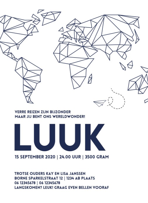 Letterpress geboortekaart met wereldkaart in donkerblauw