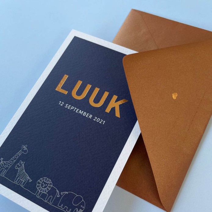 Jongens geboortekaartje donkerblauw dieren op een rij