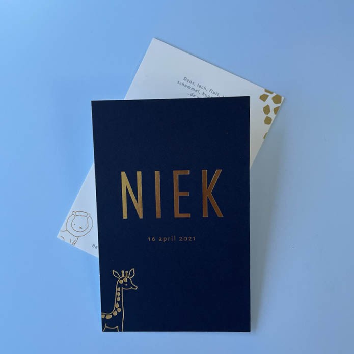 Geboortekaartje donkerblauw met giraffe en leeuwtje