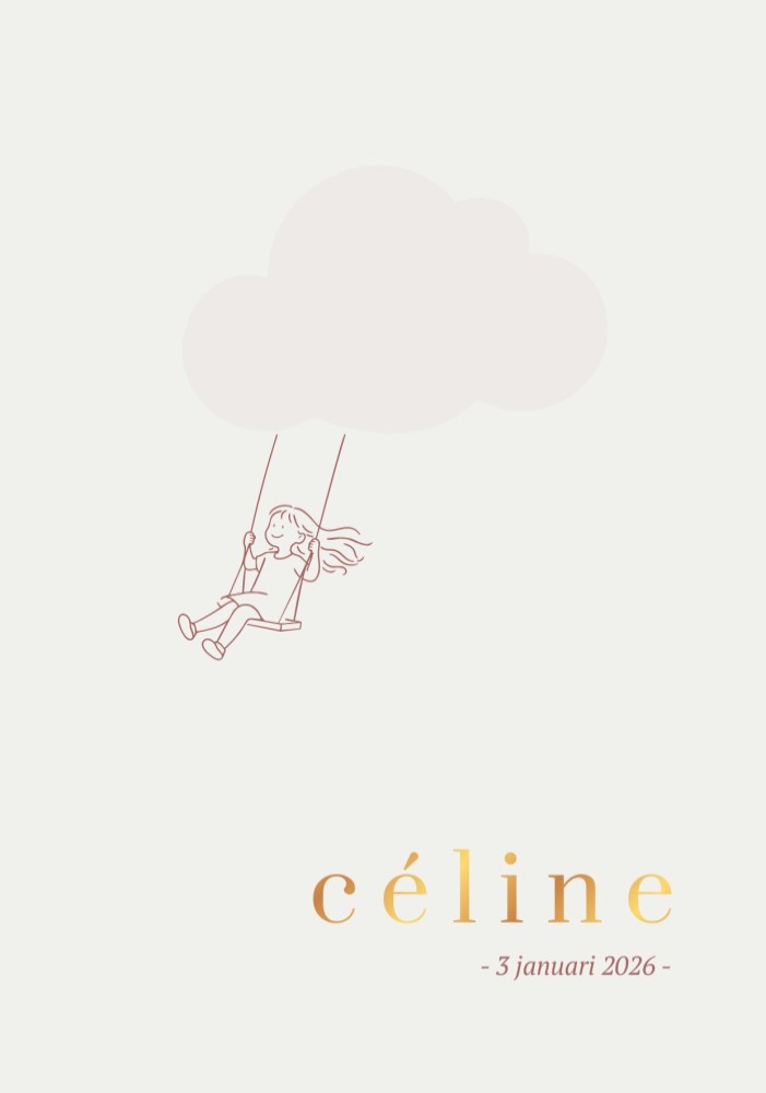 Prachtig geboortekaartje met reliëf wolk en fijne lijnillustratie van meisje