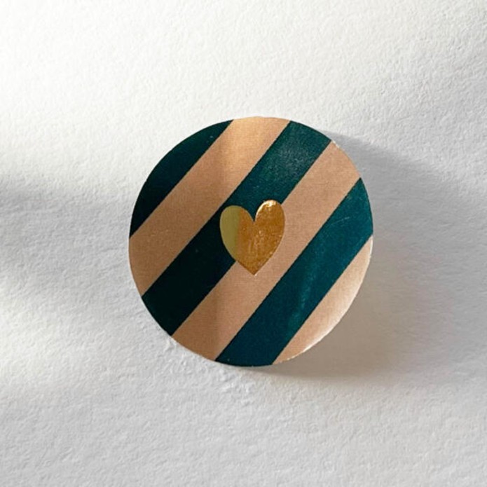 Sluitsticker gestreept petrol - taupe, goud hartje