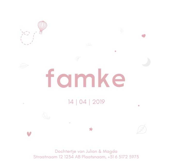 Speels letterpress geboortekaartje in wit oudroze icoontjes