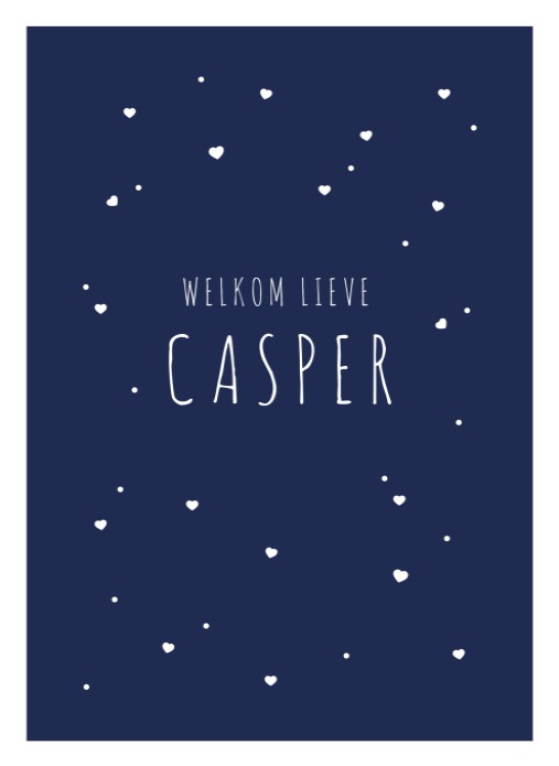Stoer geboortekaartje donkerblauw met stipjes en hartjes