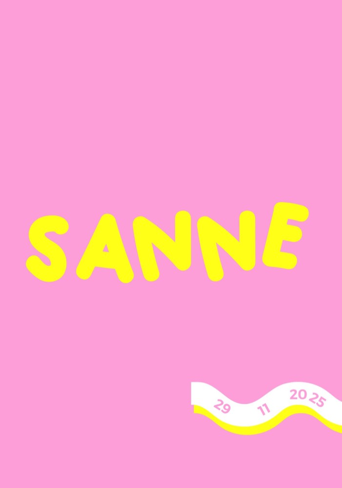 Vrolijk roze geboortekaartje met neon gele naam en speelse uitstraling