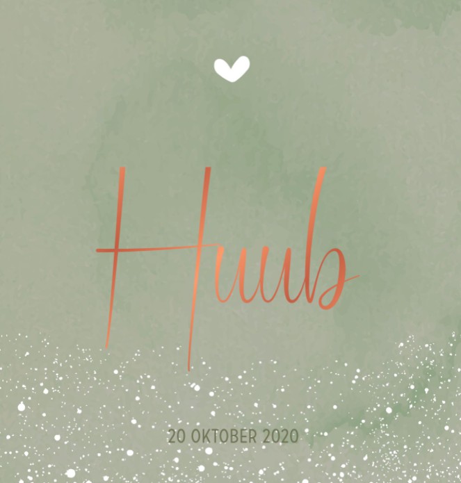 Waterverf geboortekaartje in mosgroen met mat-koper naam