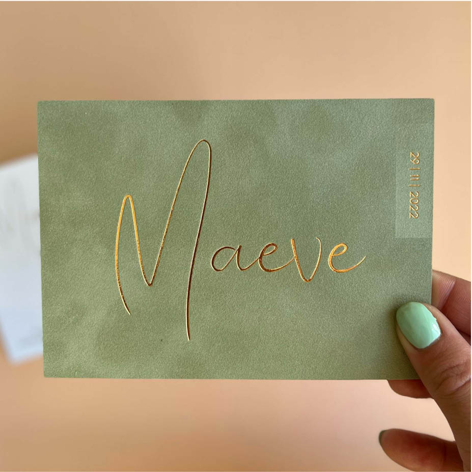 Velvet oudgroen + caramel goudfolie | origineel kaartje Arthur