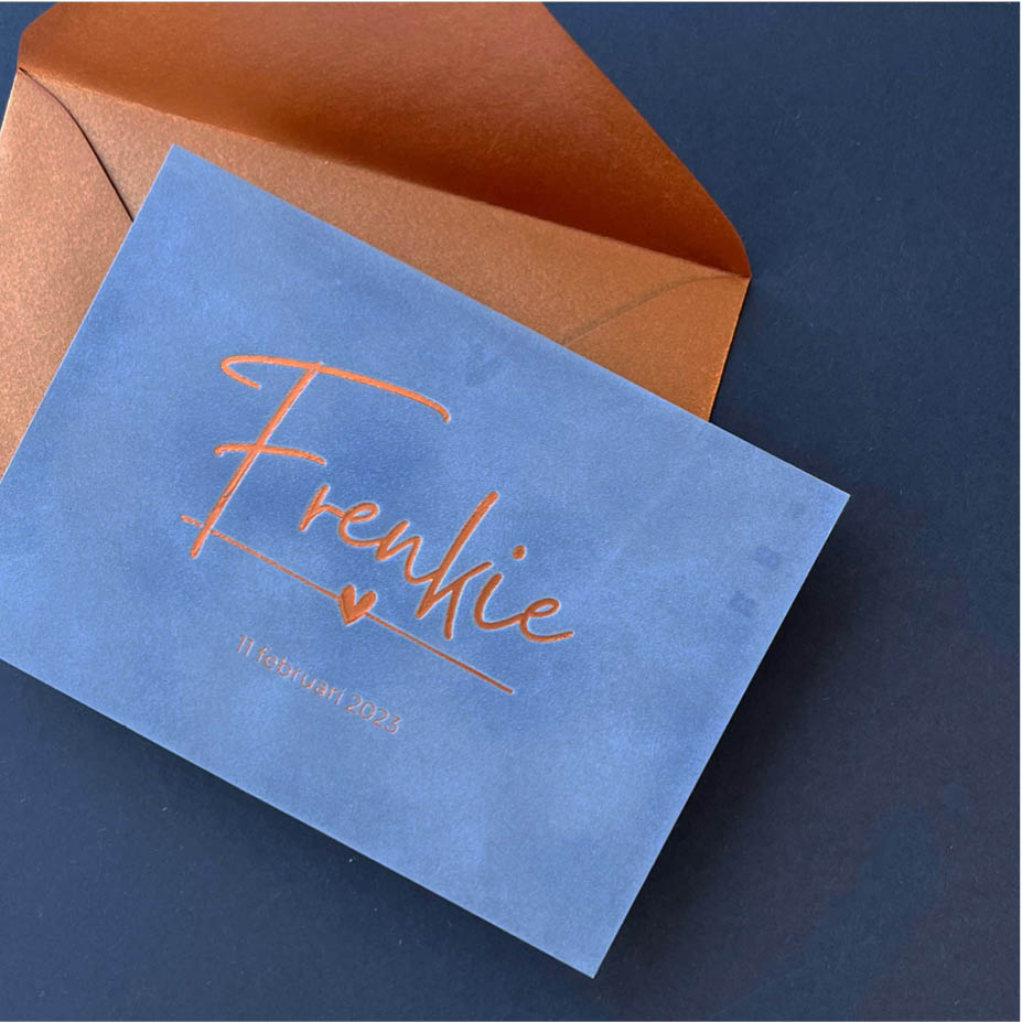 Ijsblauw velvet + matte koperfolie | Origineel kaartje Jaxx